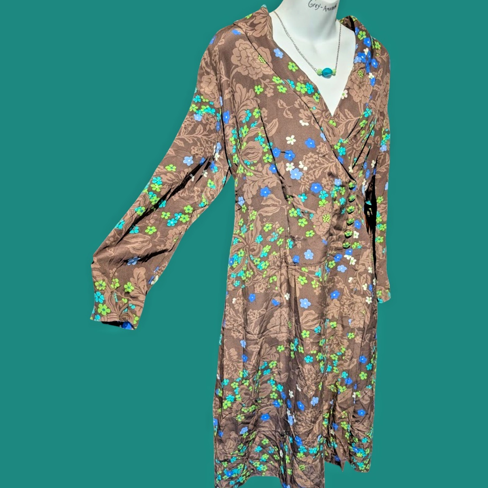 Vtg 70s flower power faux wrap polyester dress & matching necklace fits sz L 4F