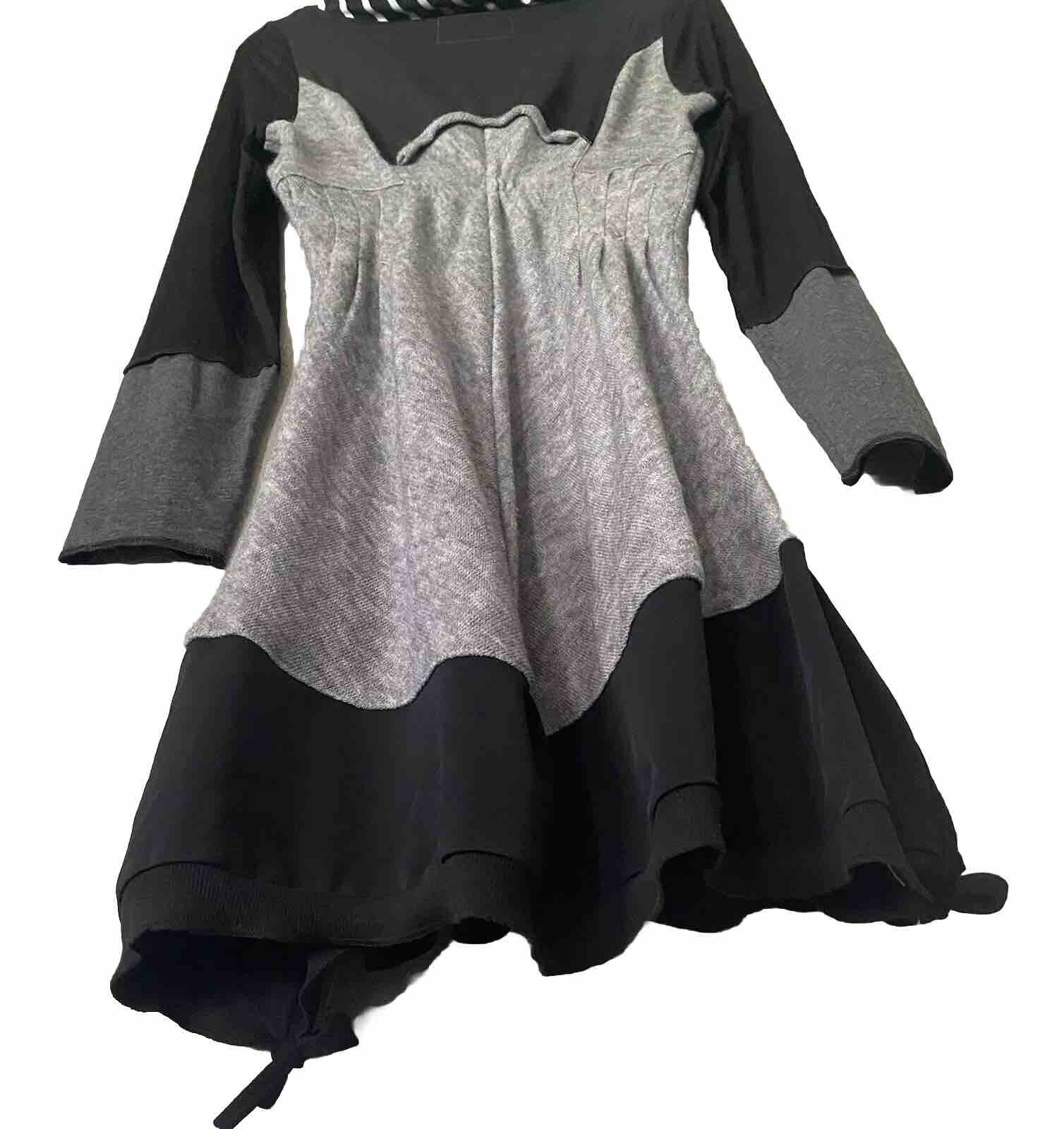 Whimsigoth Gothic Multi-Fabric Linen Cotton Blend Black/Gray LS Eclectic Dress L