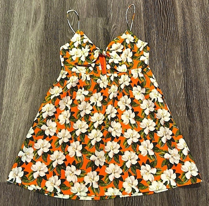 Alice + Olivia Orange White Green Floral V-Neck Strappy Zip Knee Dress 10
