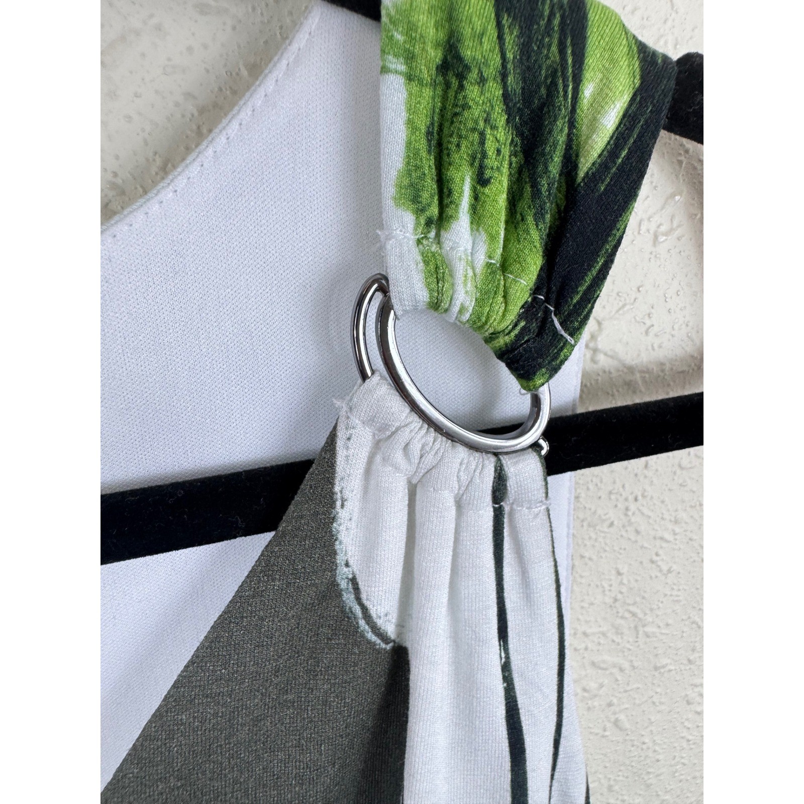 Picadilly Canada Womens Green Tropical Palm Print V-Neck Dress O-Ring Large NWT