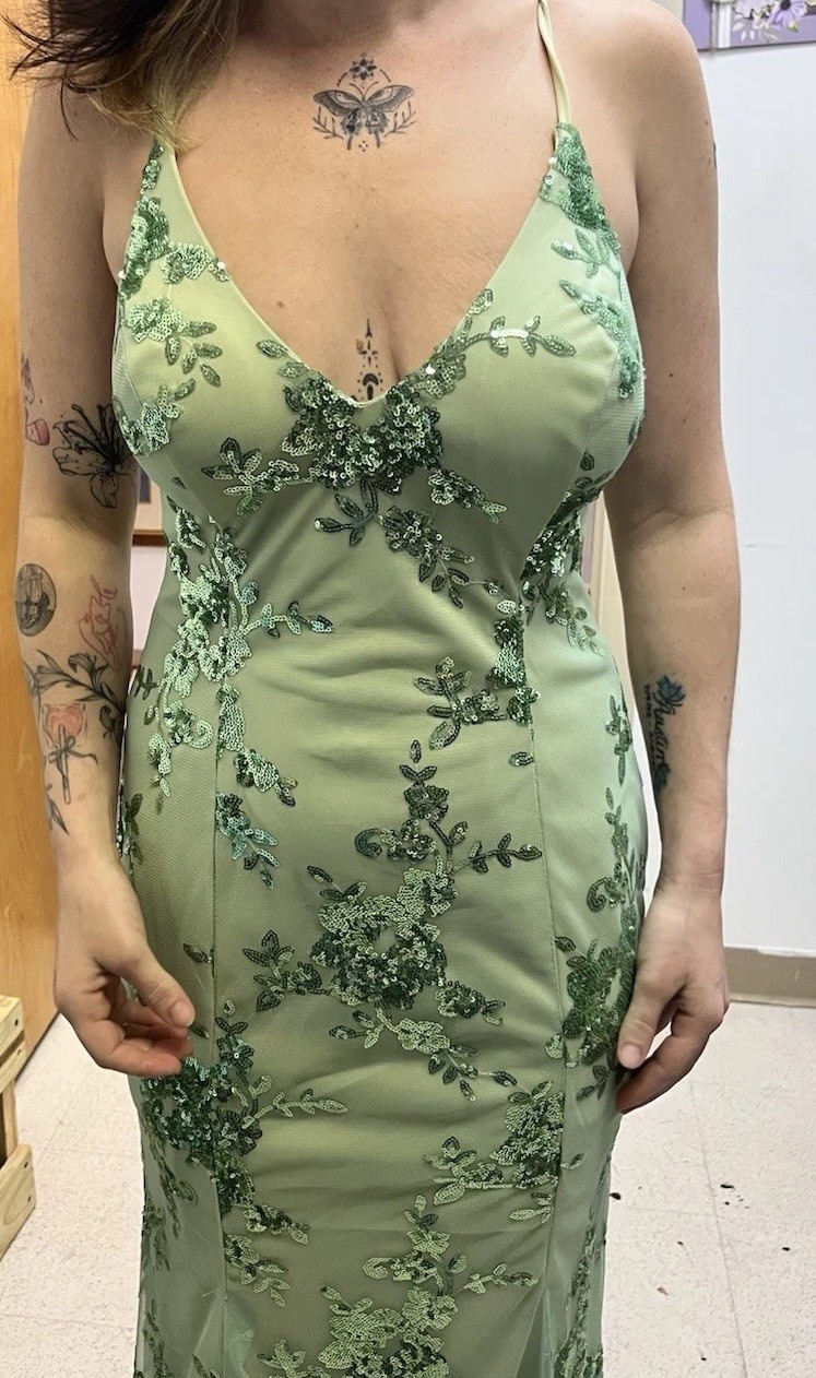 Green Sequin V-Neck Evening Dresses Spaghetti Straps Backless Lace-Up Prom Gowns