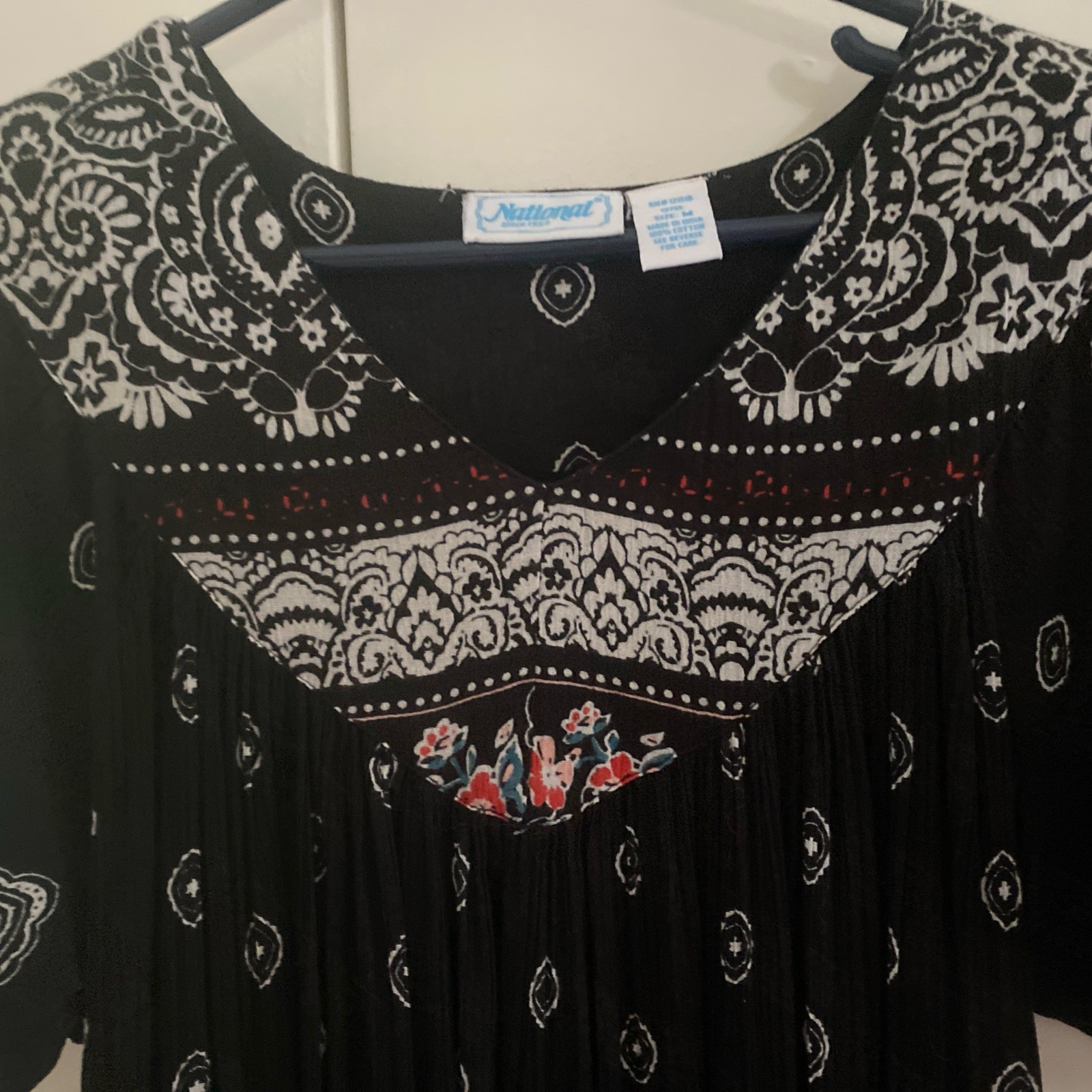 National Since 1952 Gauze Shift Dress Black Boho Floral Pockets Sz Medium India