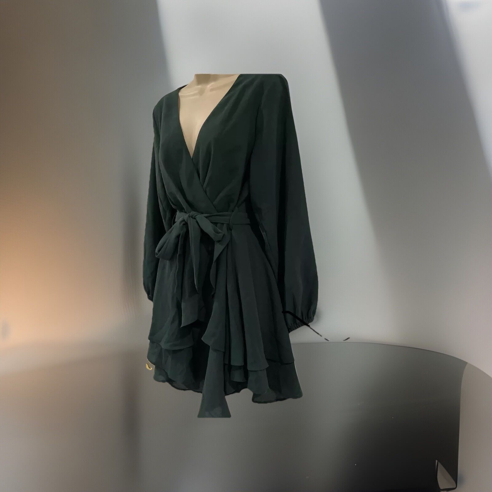 🍂✨ Elegant Emerald Wrap Dress 🌿 Long Sleeve Belted Mini – Size S✨🍂