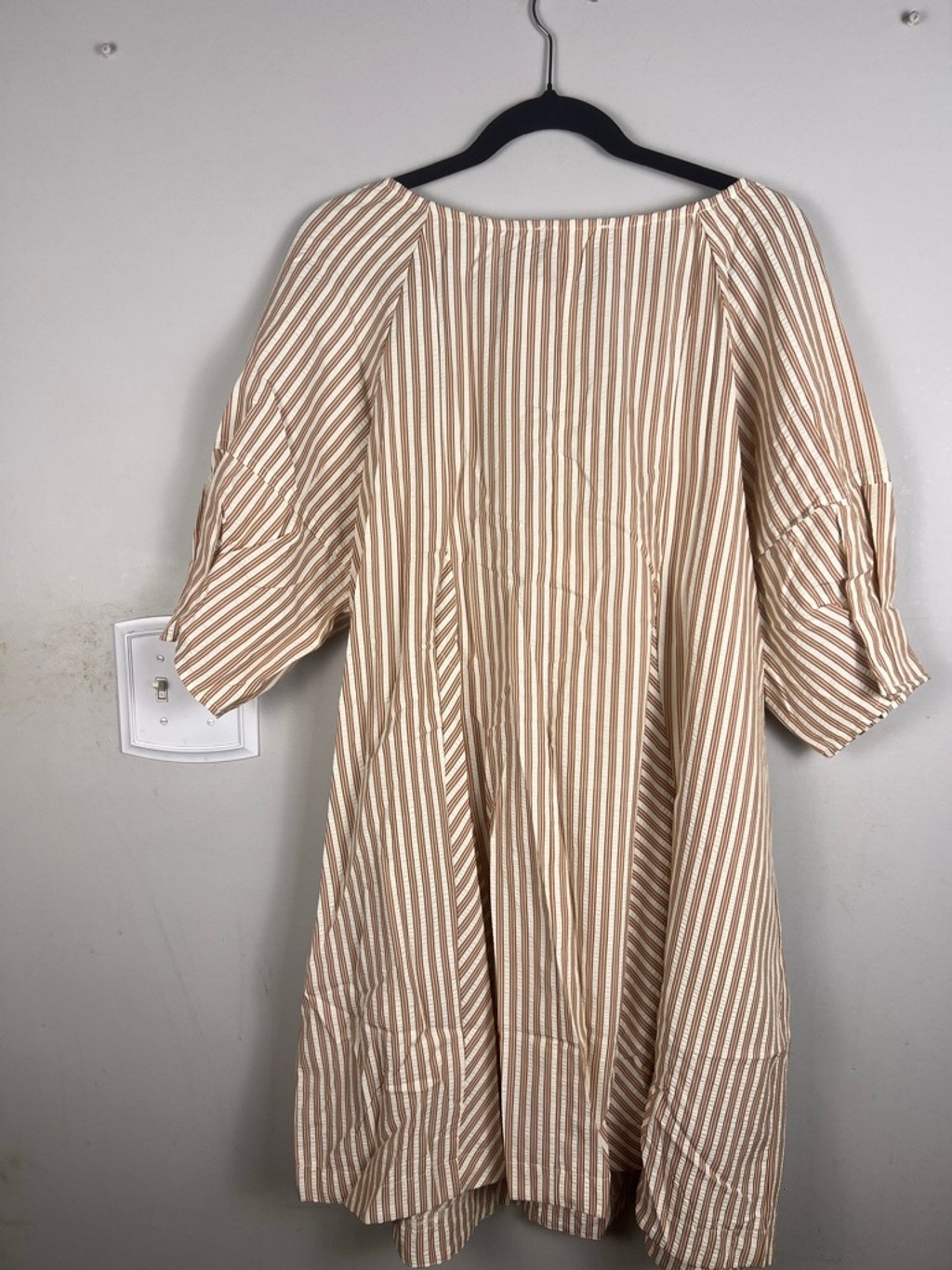 Easel Los Angeles Boho Striped Swing Dress L Cream Tan Tassel Tunic Cottagecore