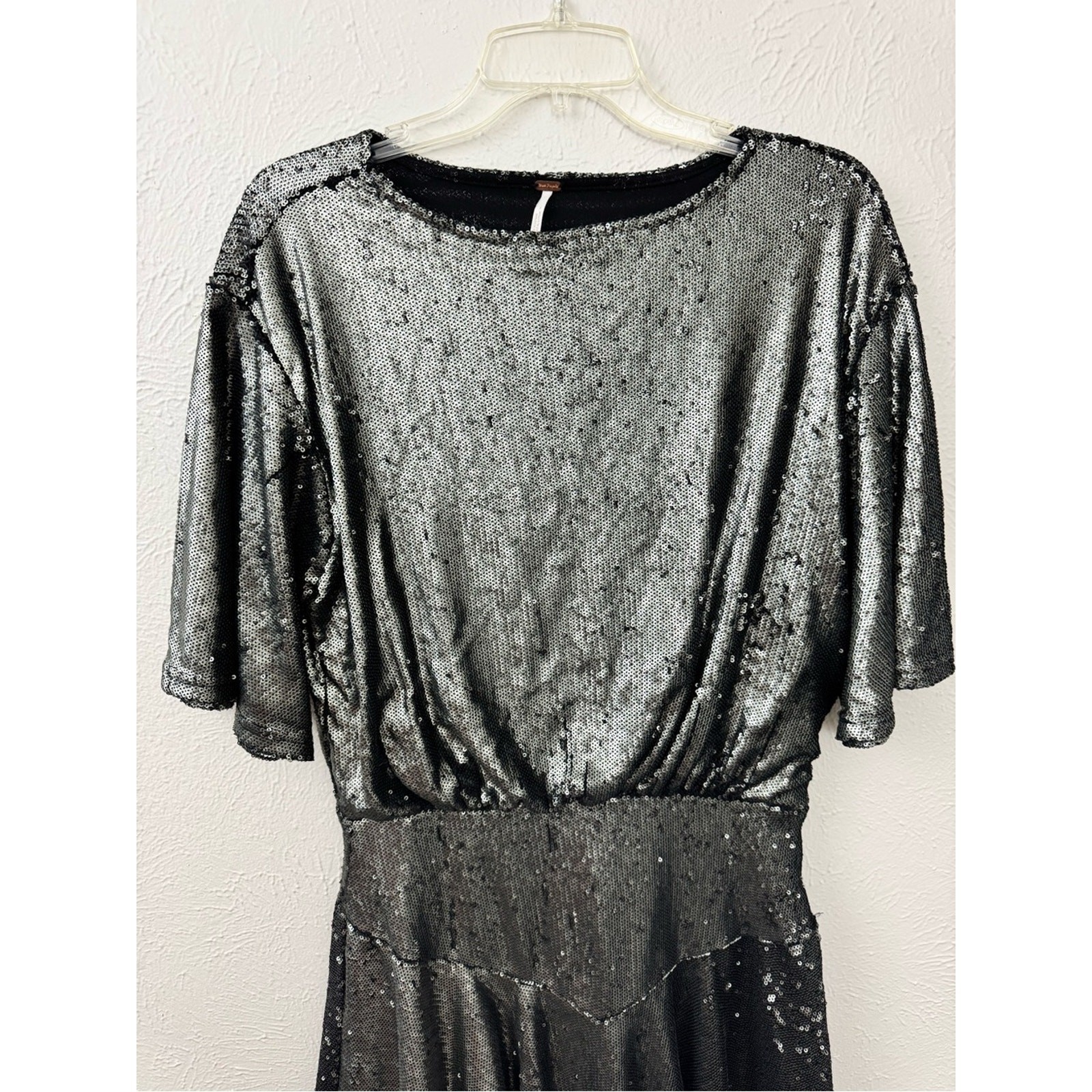 Free People Sequin Mini Dress Size Medium Silver Black Batwing Flawed AS-IS