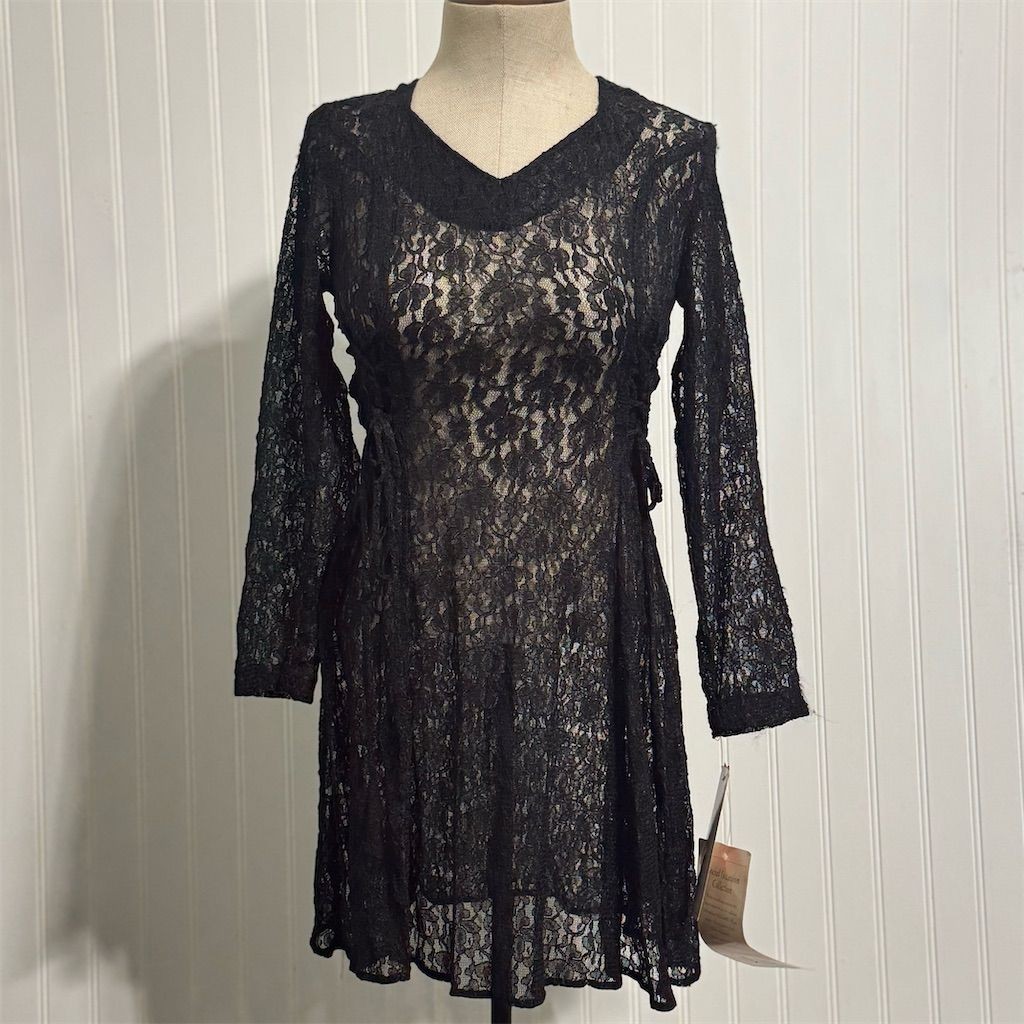 VTG 90s Laura Winston Black Lace-Up Mini Dress 7/8 Gothcore Corset Y2K Vampire