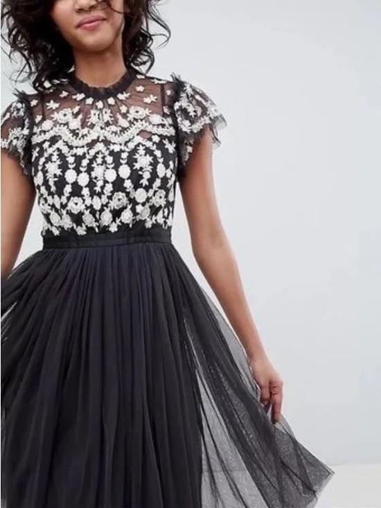 Needle & Thread Embroidered Tulle Midi Dress Black Cream Floral Wedding Guest 2