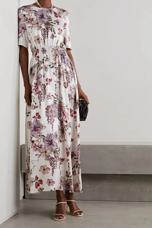Adam Lippes Women’s White Shirred Floral-print silk-satin Maxi Dress Size 12