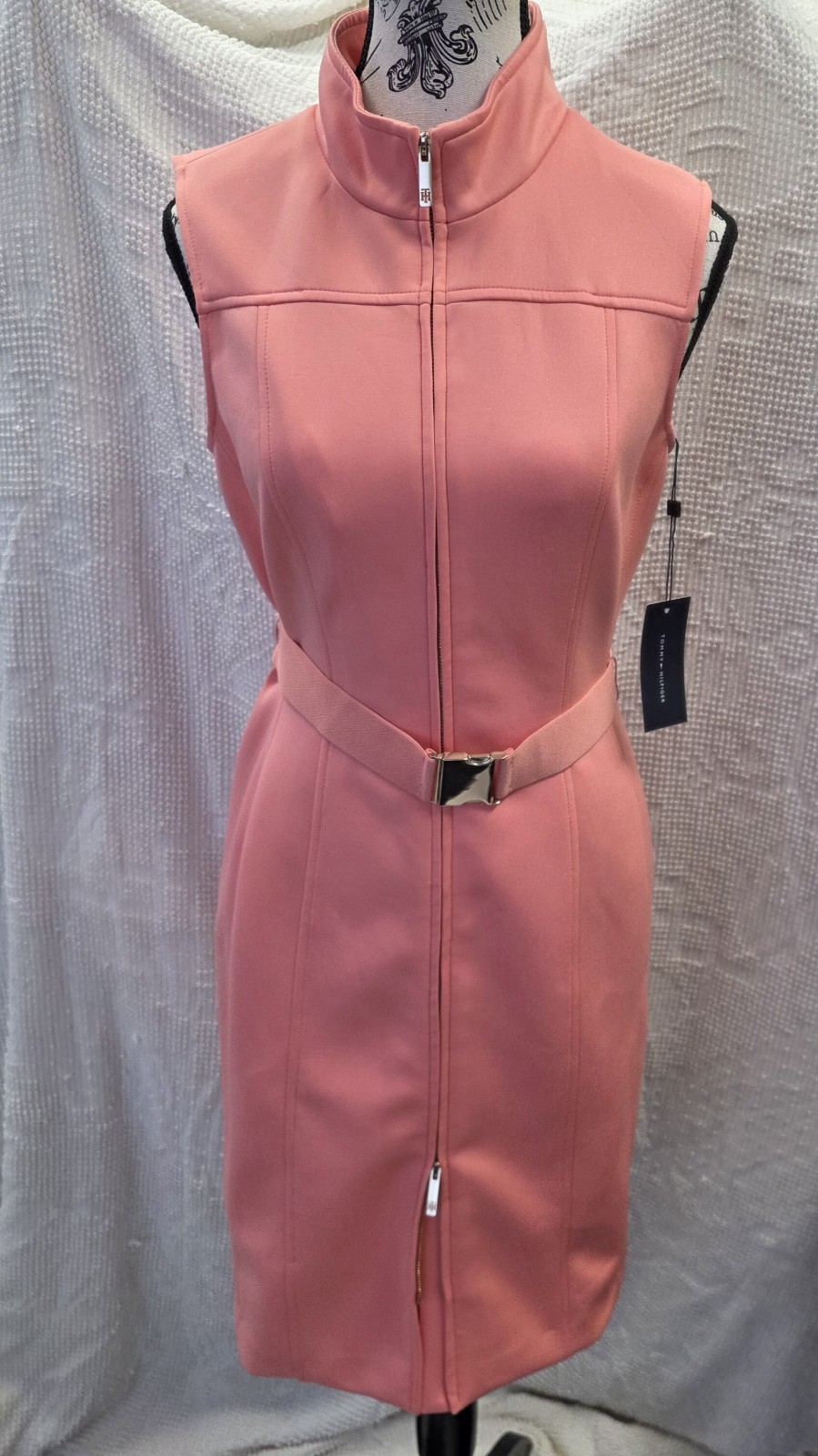 Tommy Hilfiger Dual Zip Dress Coral Belted Sexy Neoprene Feel NWT Size 6