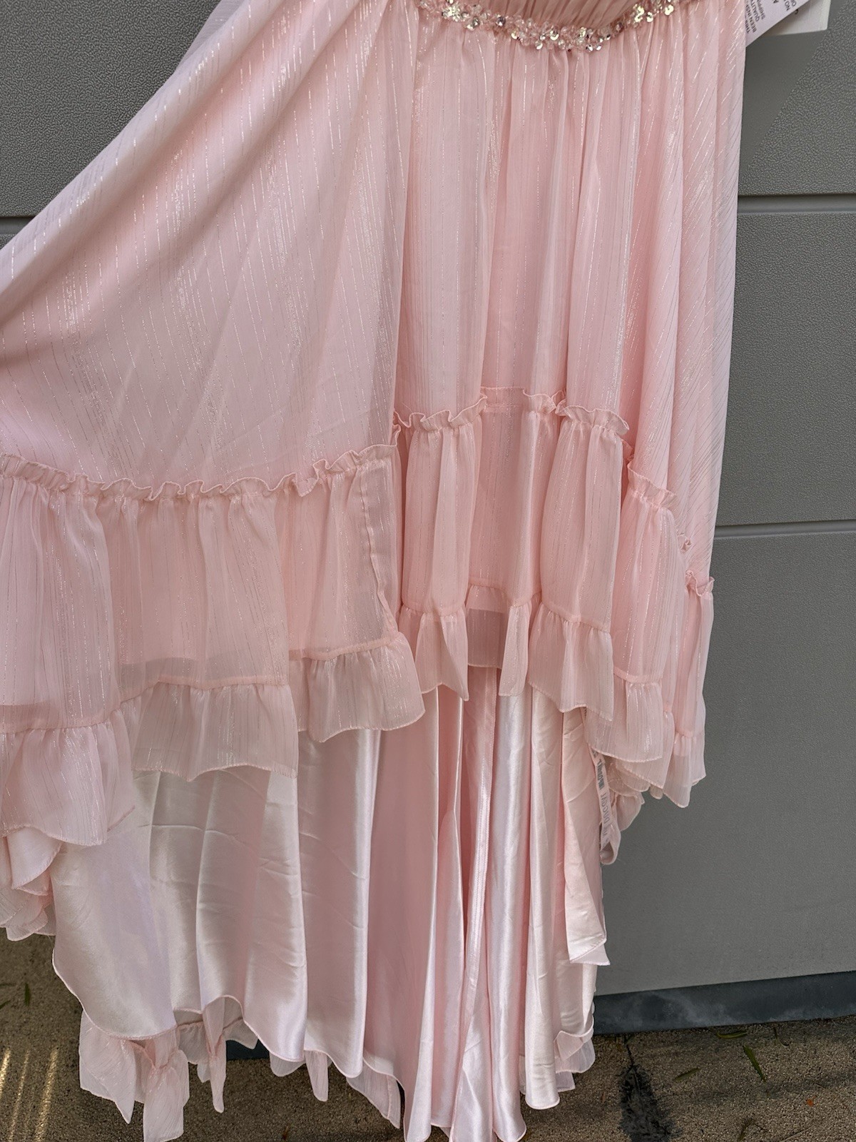 Mac Duggal Strapless Beaded Ruffle High Low Prom Gown in Ice Pink Sz 6 Princess