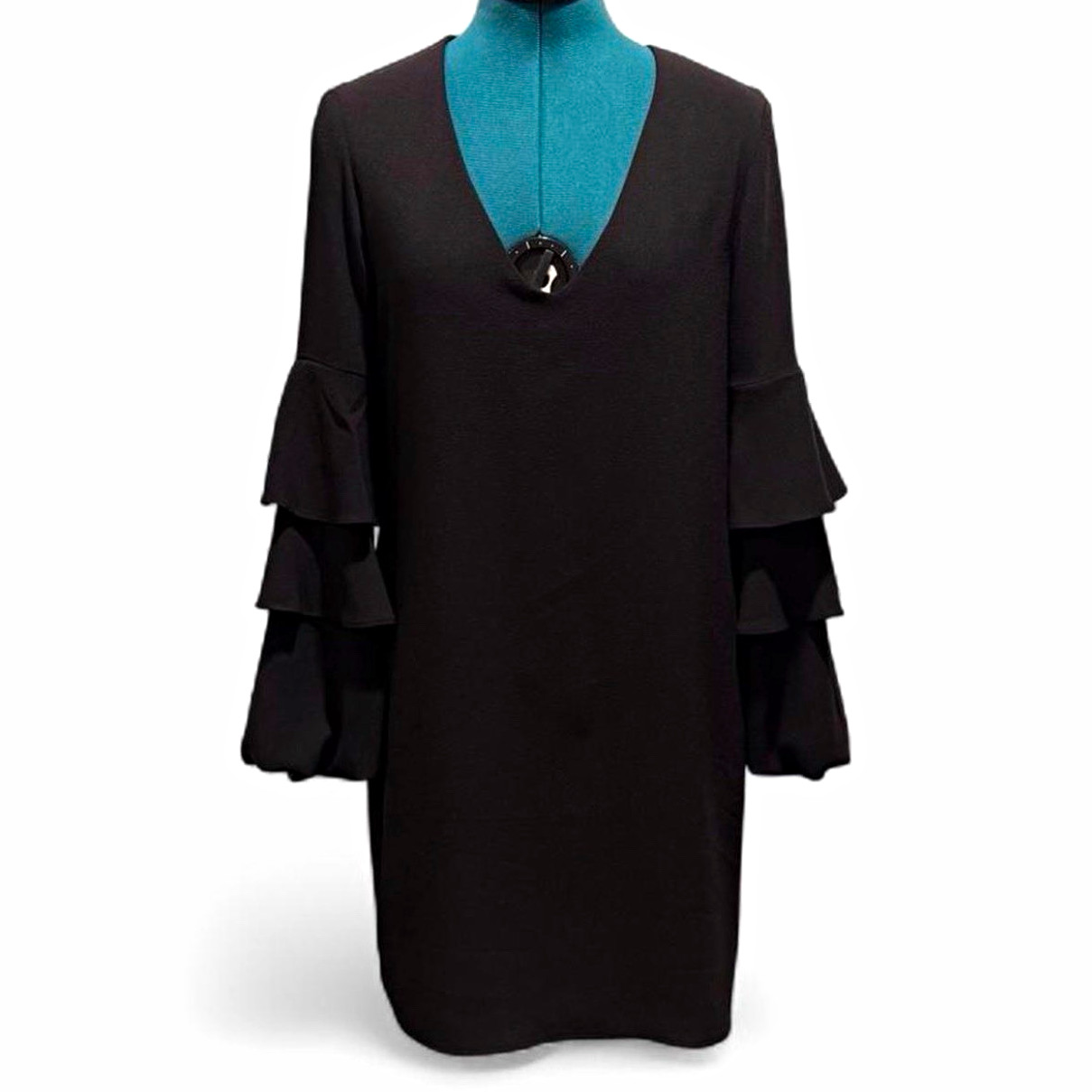 Charles Henry Women’s Black Solid V-Neck 3/4 Bell Sleeve Shift Dress S Lined