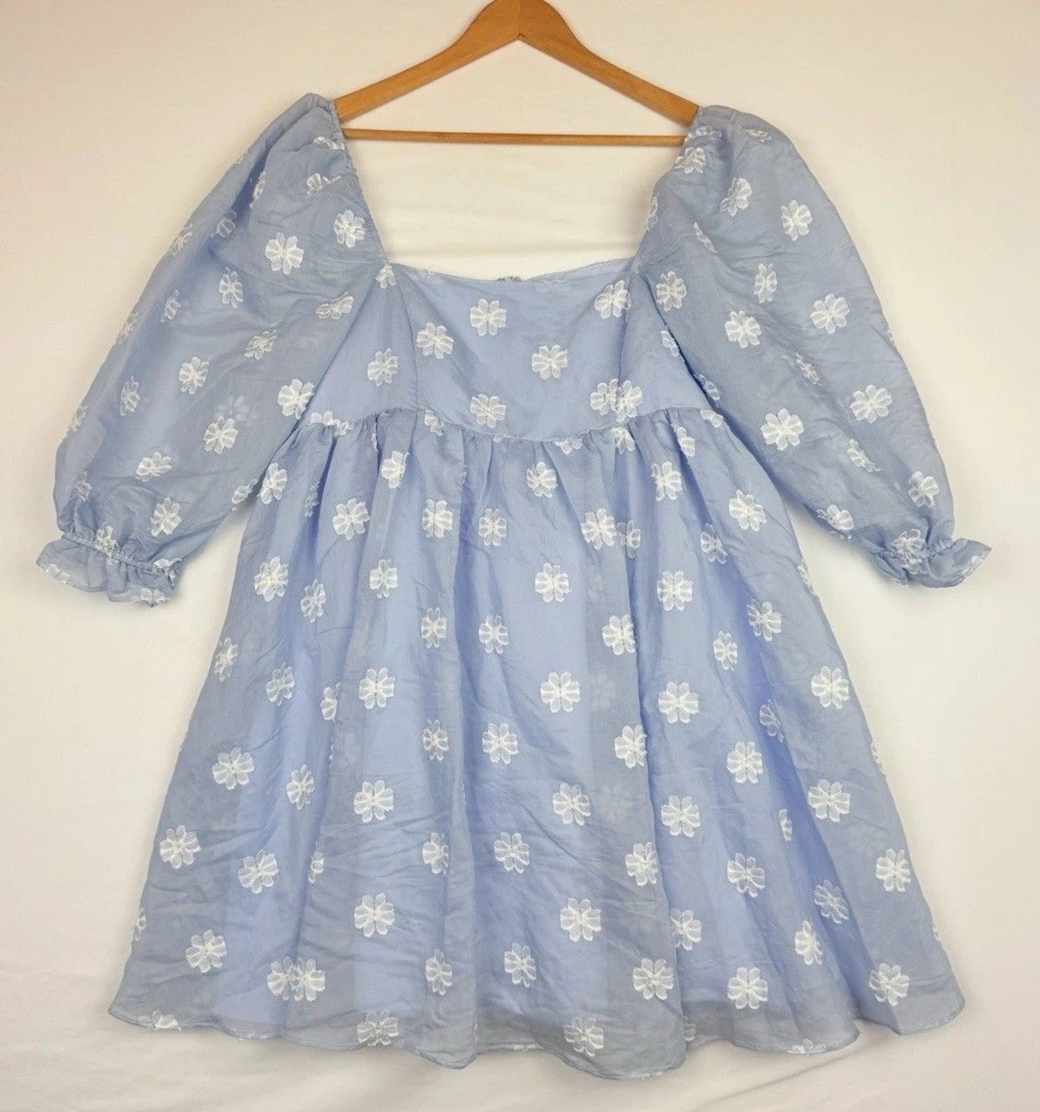 Storia 3D Daisy Babydoll Dress Large Floral Textured Mini Cottagecore Fairy Blue