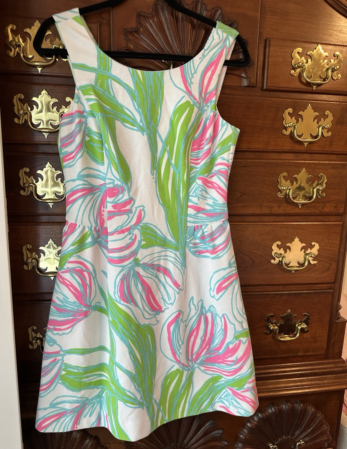 White Pink Green Blue Floral A-Line Dress Sleeveless V-Neck Lined Zip 6
