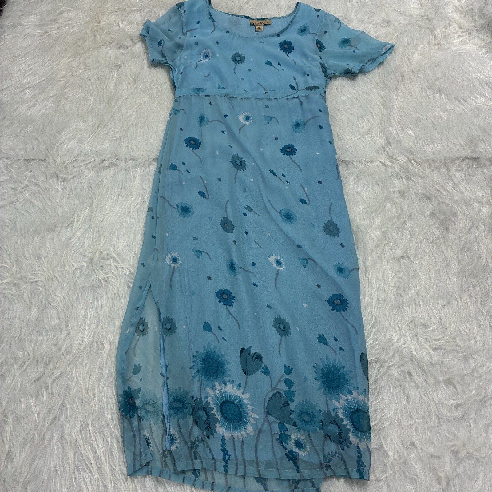 Vintage Sacred Threads Chiffon Maxi Dress M/L Floral Daisy Blue Semi-Sheer Y2K