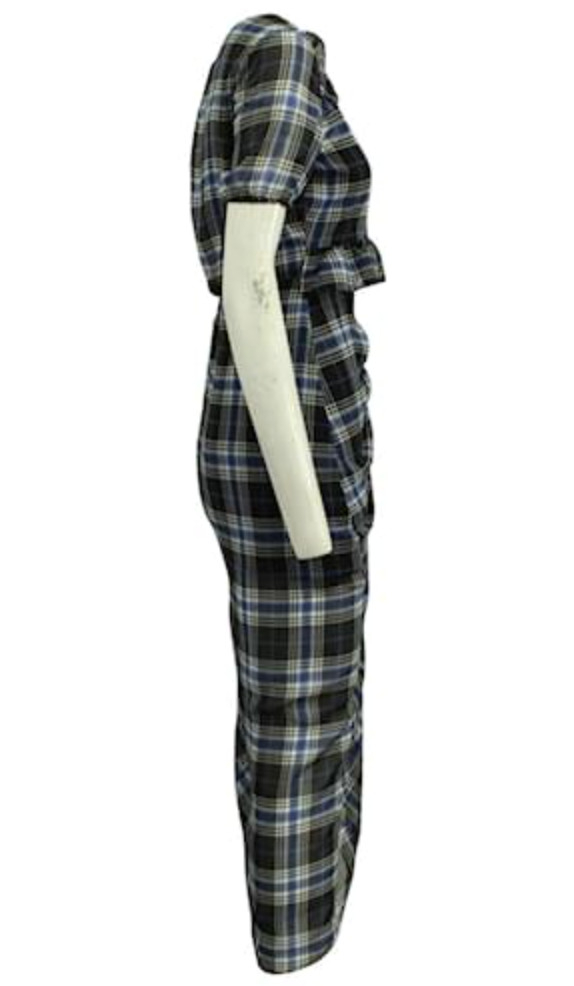 Maje Side-Ruched Plaid Tartan Blue and Navy Long Dress Ruffle UK size 10