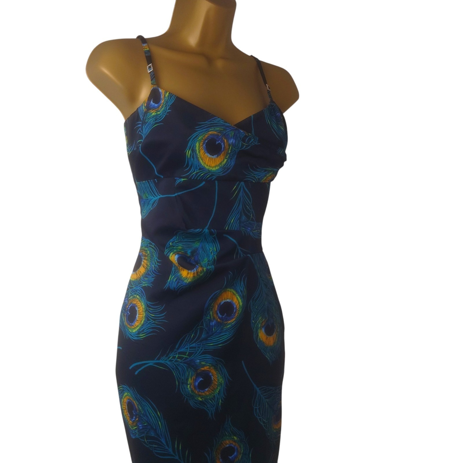 KAREN MILLEN Peacock Feather Dress UK 8 Black Blue Wiggle Bodycon Pencil