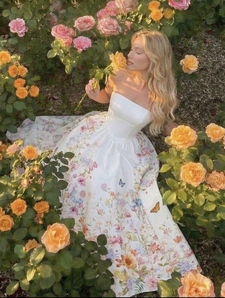 Skyraze White Floral Strapless Dress, Women’s Sz M Garden Party Picnic Outfit