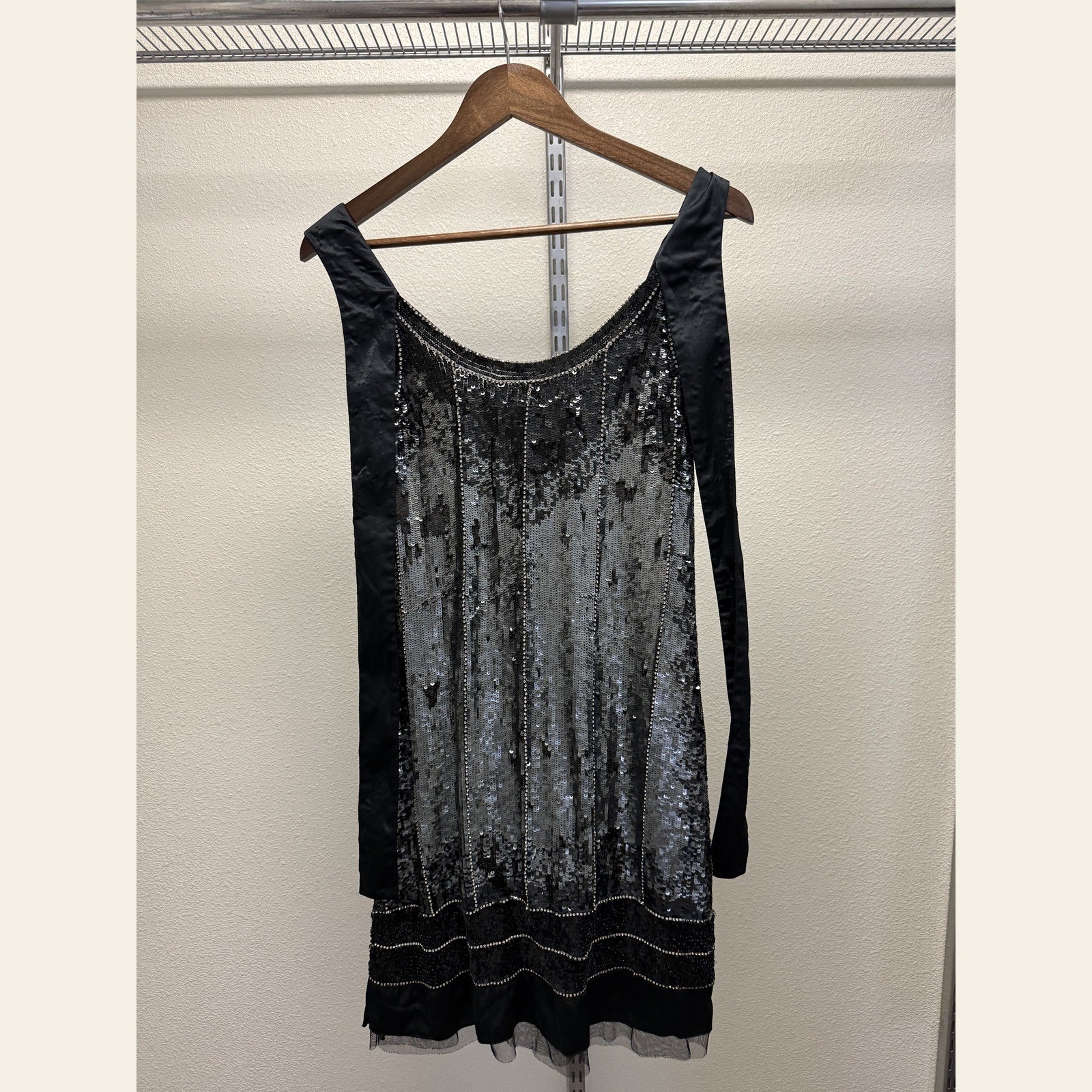Black Silver Sequin Drop-Waist Flapper Mini Dress 1920s Art Deco Style Women’s S