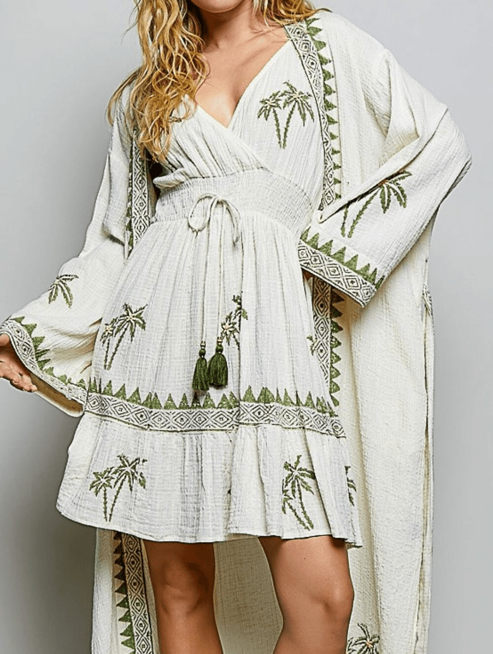 White Embroidered Palm-Print Sundress with Tassel Tie sz Small 2-4