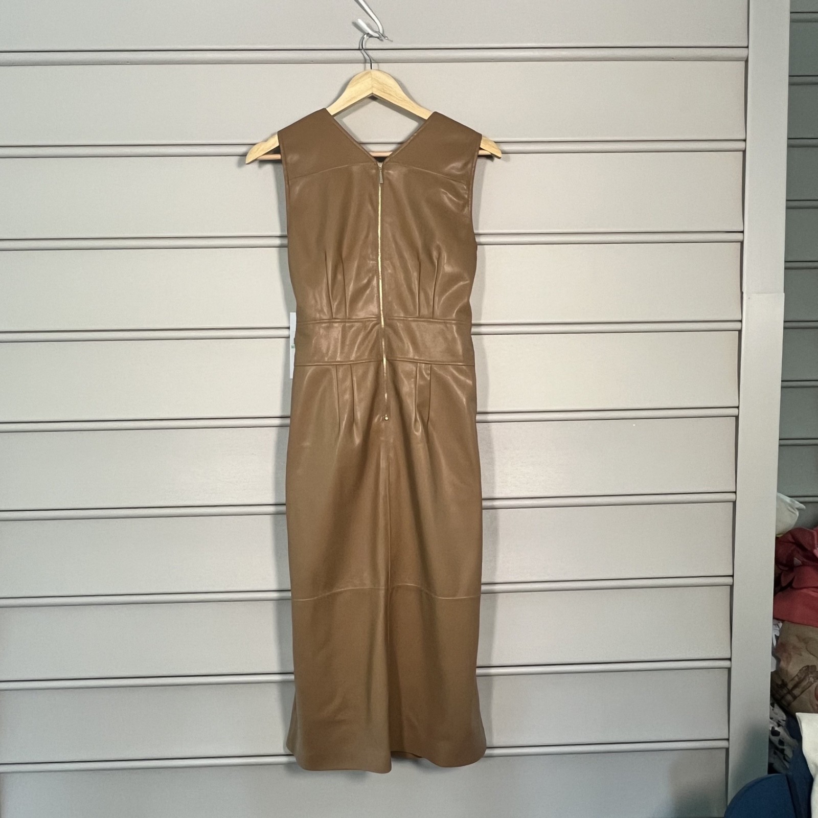 Calvin Klein tan/caramel pleather belted sheath midi length dress NWT MSRP $149