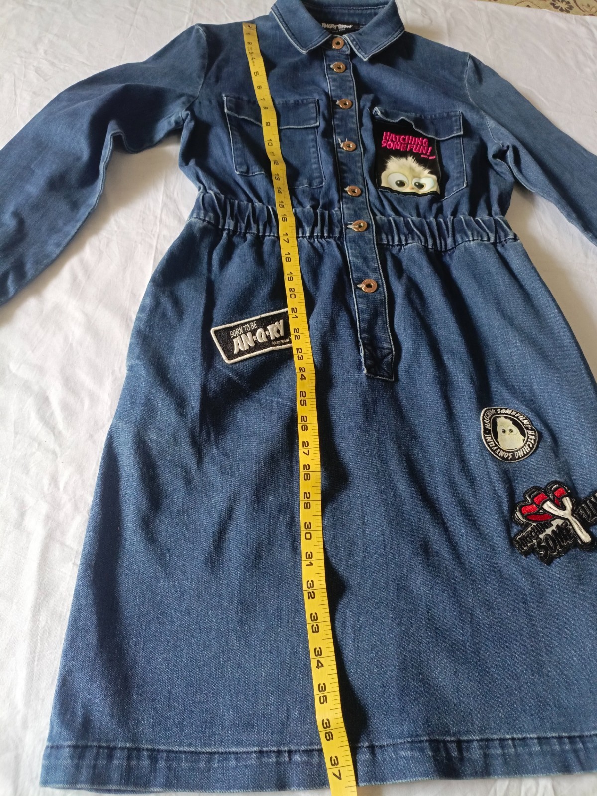 Five Plus Angry Birds Jeans Dress Denim Button Front Midi Utility Dress Size