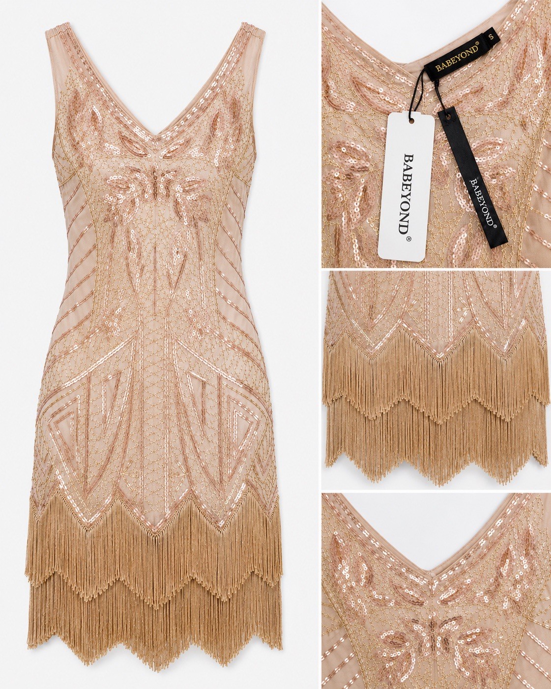 BABEYOND Gold Sequin Fringe V-Neck Sleeveless Sheath Dress Size S