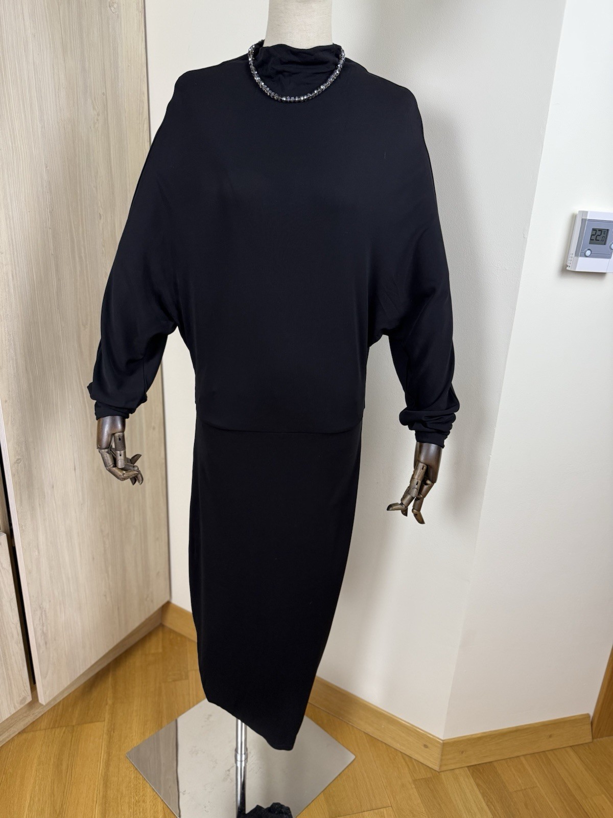 Filippa K Black Minimalist Midi Dress M Draped Batwing Sleeve Scandinavian Chic