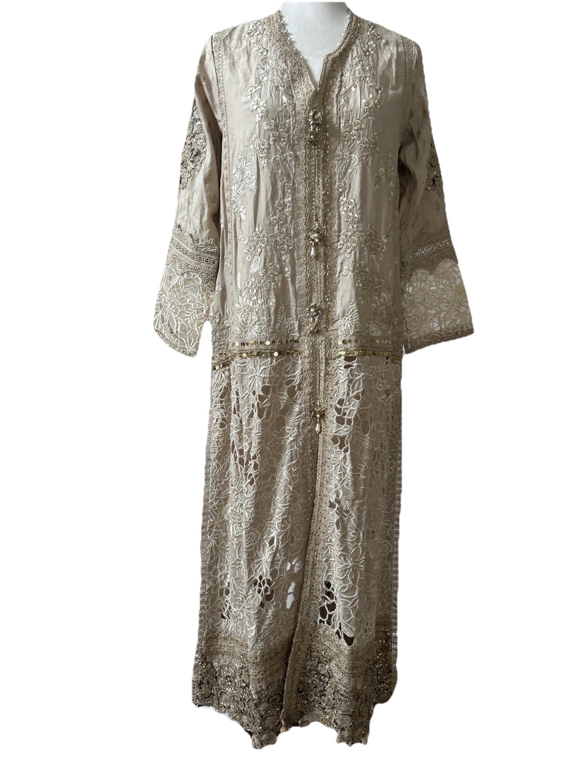 Sana Safinaz Stitched Embroidered Lawn Shirt Cream With Gold Lace & Cutouts NWT