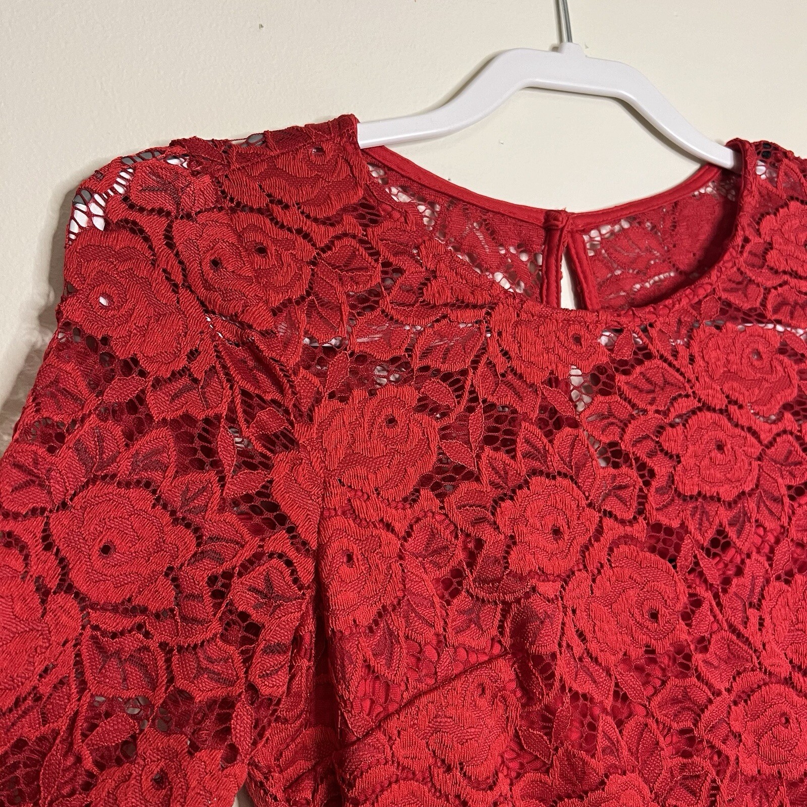 IZ Byer red lace dress see through long sleeves crew neck women’s small