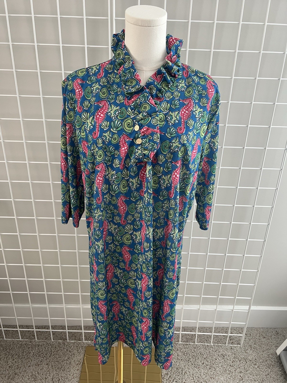 Simply Southern Women’s Seahorse Print Ruffle Stand Up Collar Dress Size XL