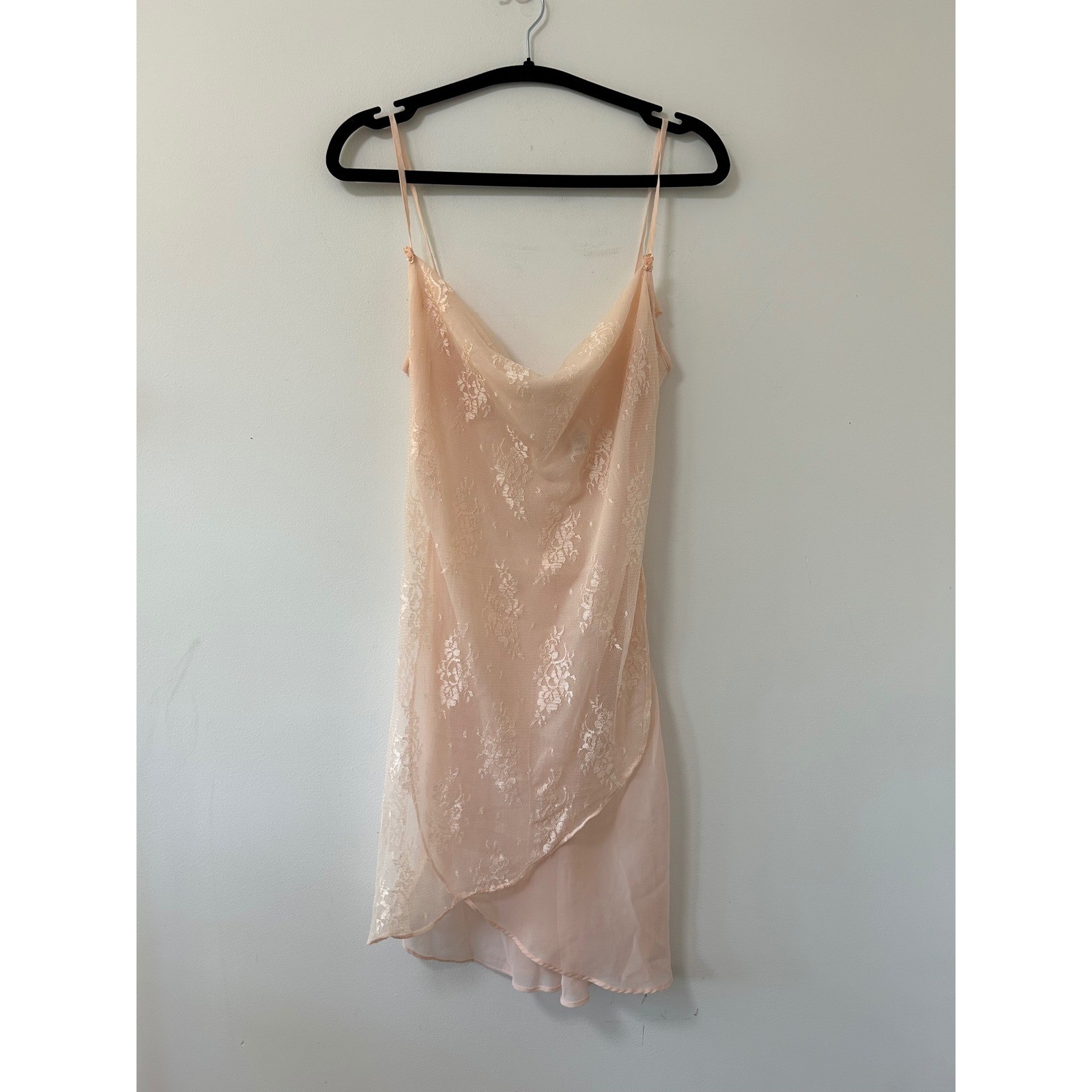 Coquette Slip dress Peach Floral Lace Cowl Mini Dress Sheer Rosette Straps Small