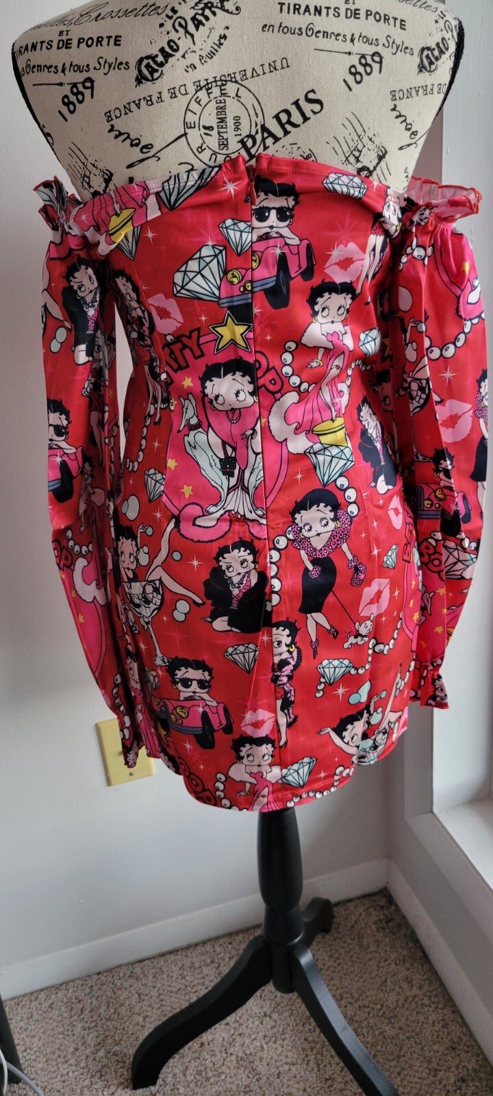 Dolls Kill & Betty Boop Lover Catch A Kitten Off Shoulder Satin Dress Medium