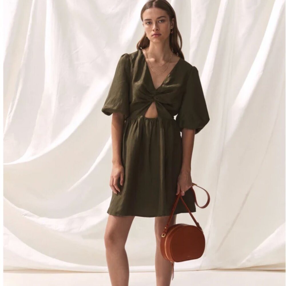 NEW Green Sancia Mini Dress with Balloon Elbow Sleeves Twist Front NWT