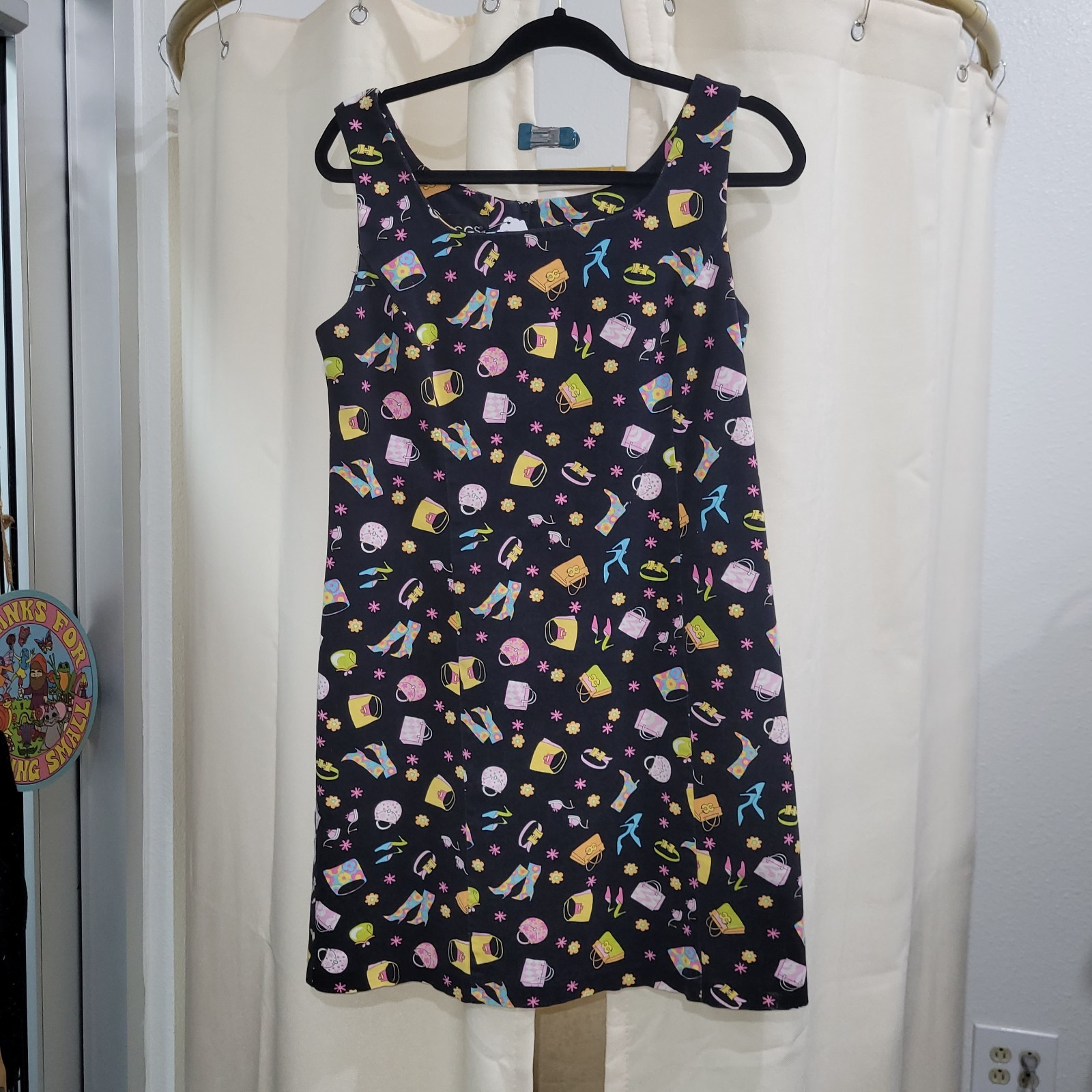 90’s Y2k Shopaholic Fashion Girlie Shoes, Bags, Ext. Print Black Mod Mini Dress