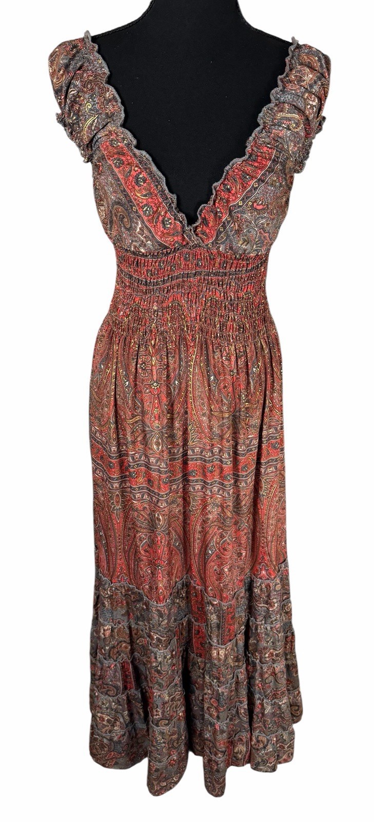 Cienna Womens Smocked Waist Tiered Maxi Dress Medium Silk Blend Flowy Boho