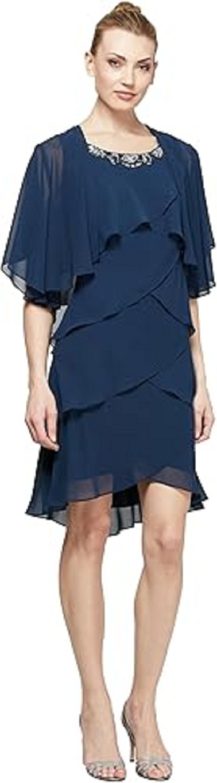 SLNY NWT Sequin beaded Tulip Tiered Navy blue Chiffon Dress & Caplet Jacket 14