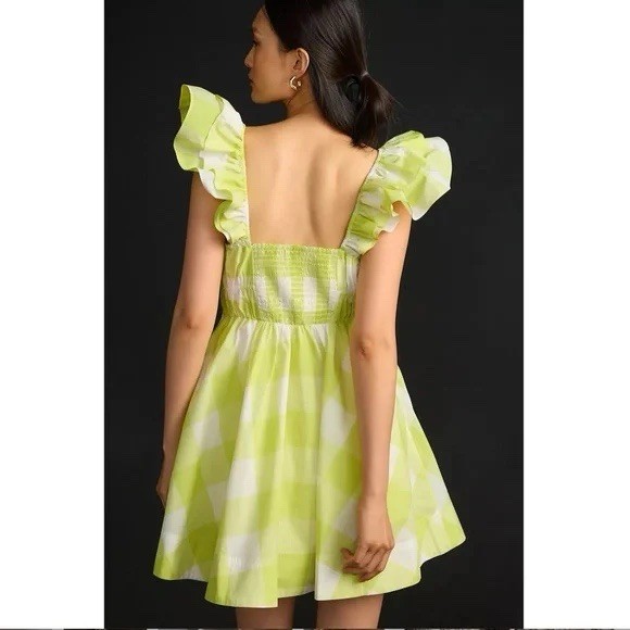 Anthropologie Maeve Square Neck Flutter Sleeve Shirred Dress XL NWT Green Plaid
