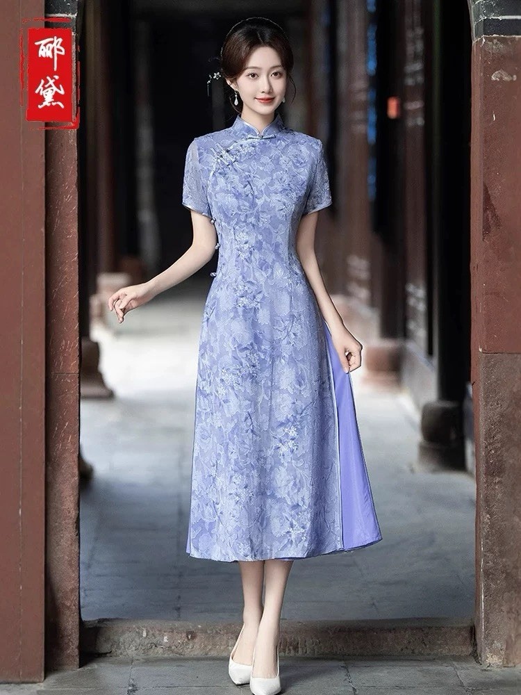 A39 New Chinese Style Qipao Dress Women Slimming Cheongsam Retro Short Sleeve