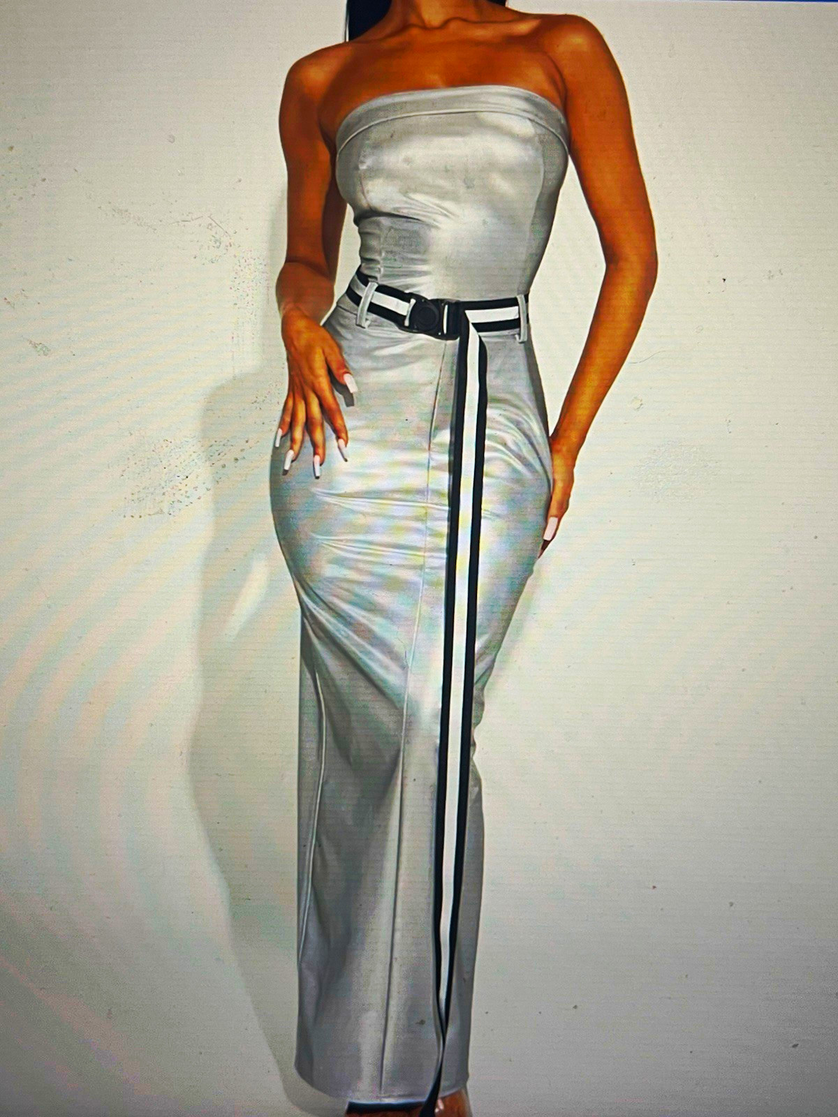 Fashion Nova Womens Silver Strapless Satin Bodycon Maxi Dress Belt Back Slit M