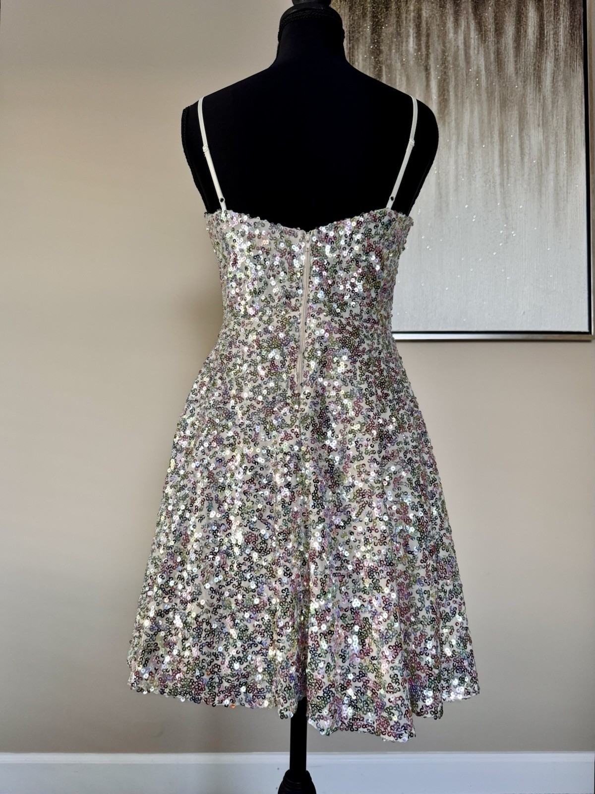 CITY STUDIO Womens Beige Sequined Lined Adjustable Straps Short Dress Junior 5