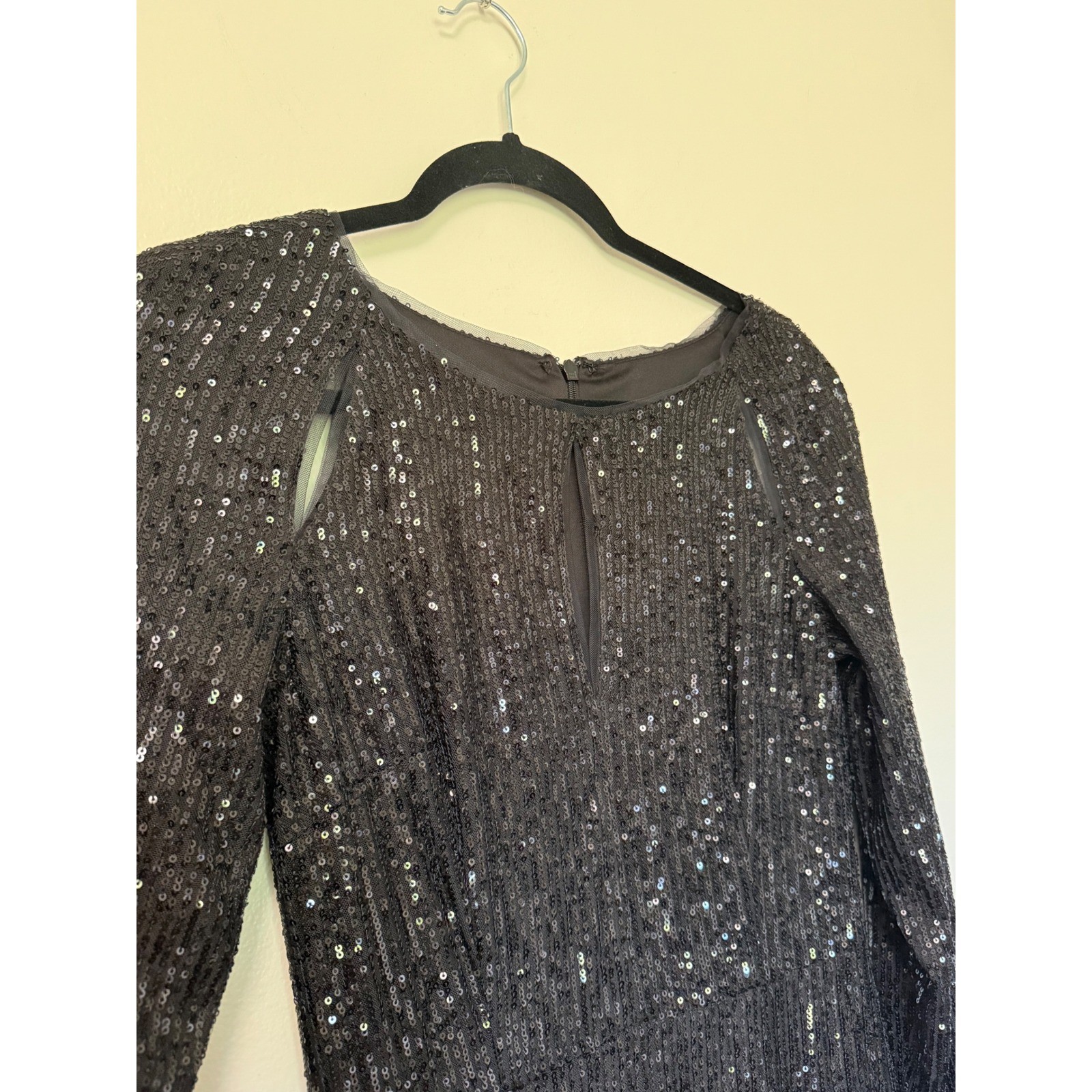 Black Sequin Long Sleeve Maxi Dress Shoulder Cut Out Side Slit Formal Gown