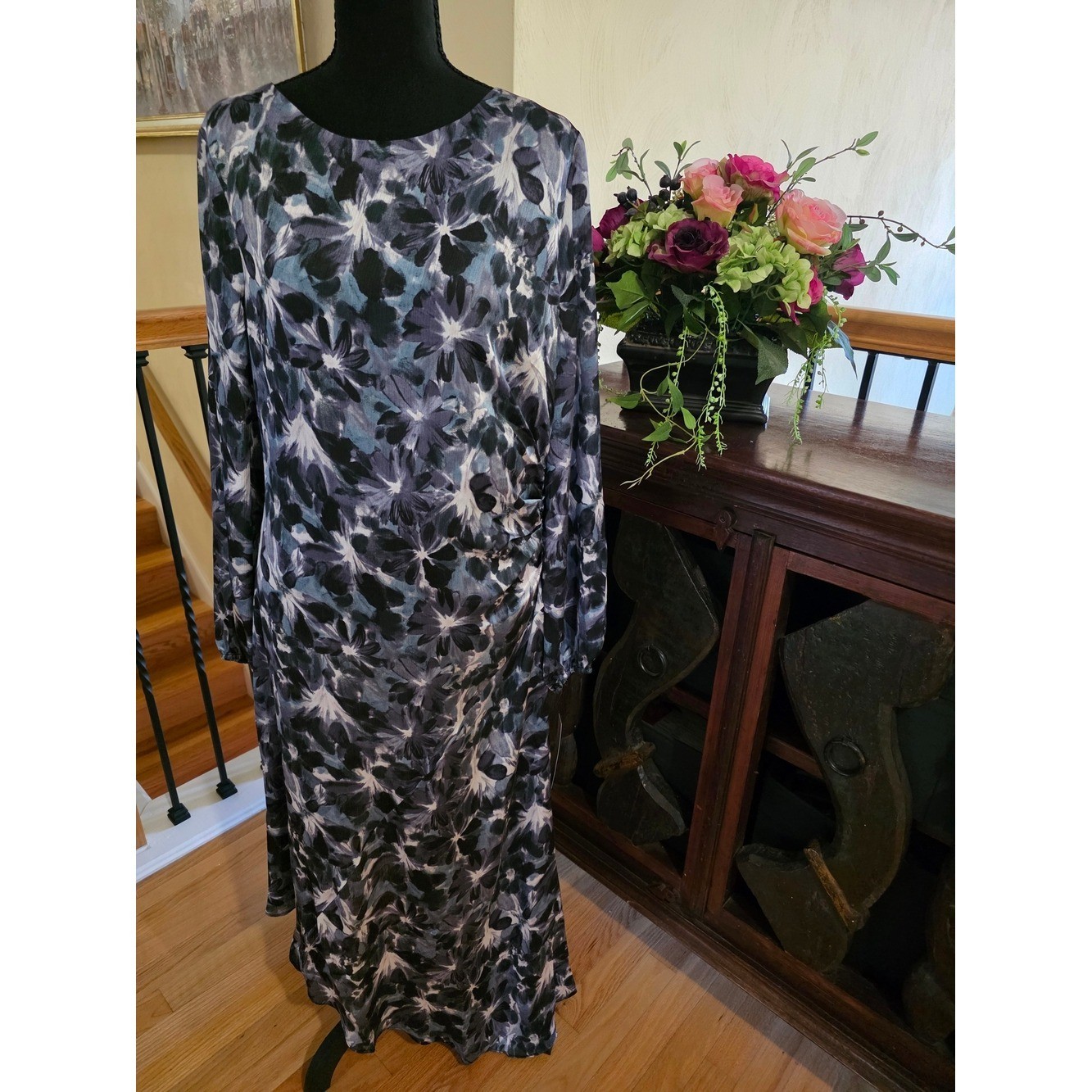 Maggy London Black, Gray and White Floral Asymmetrical Dress