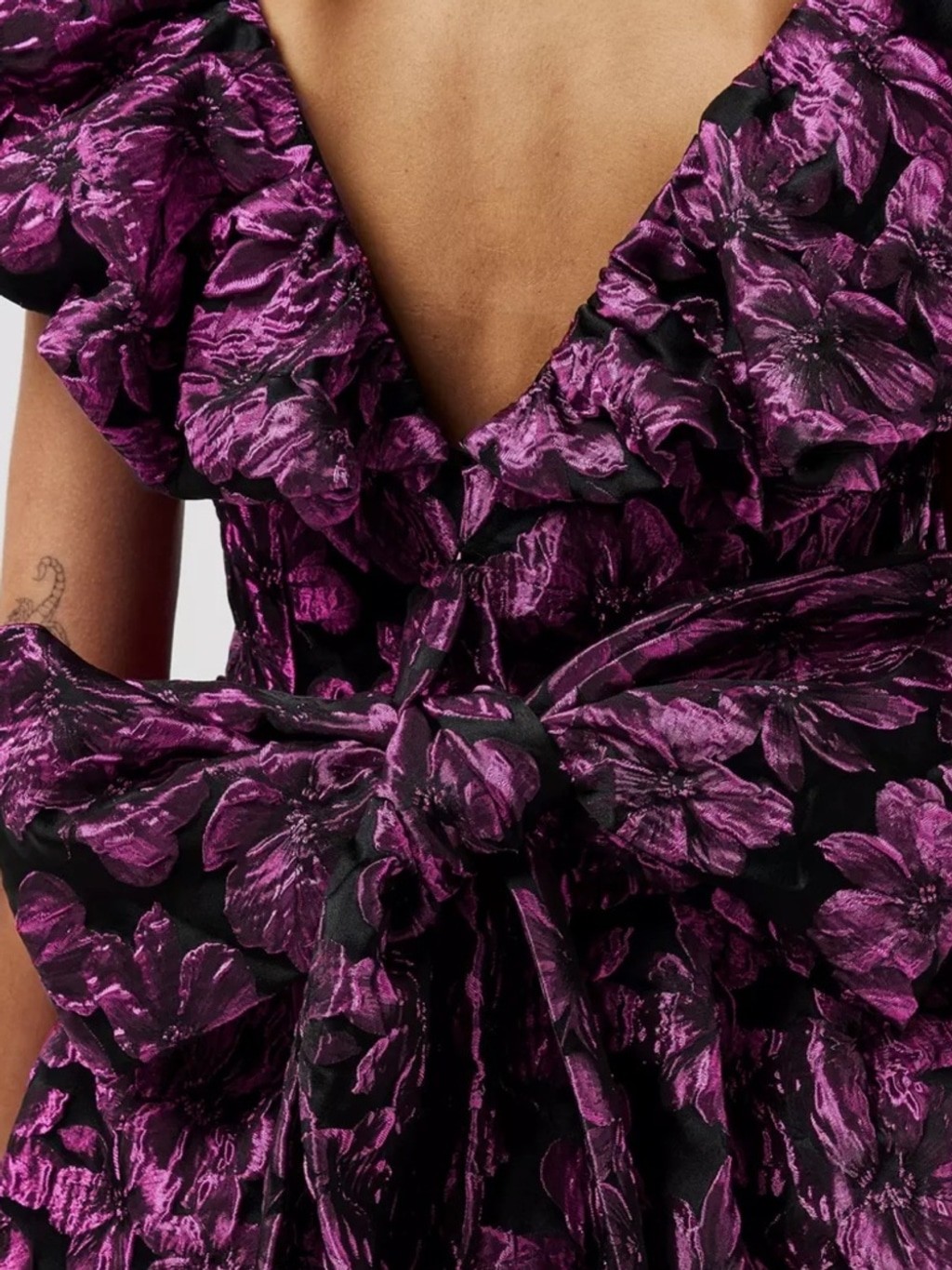 Amy Lynn Jaime ruffle sleeve mini dress with bow back pink floral jacquard Small