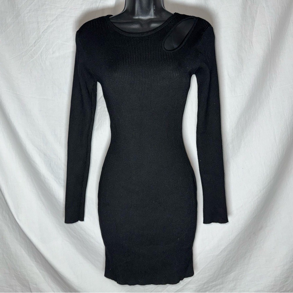 Black Ribbed Knit Mini Long Sleeve Dress with Asymmetric Shoulder Cut-out Detail