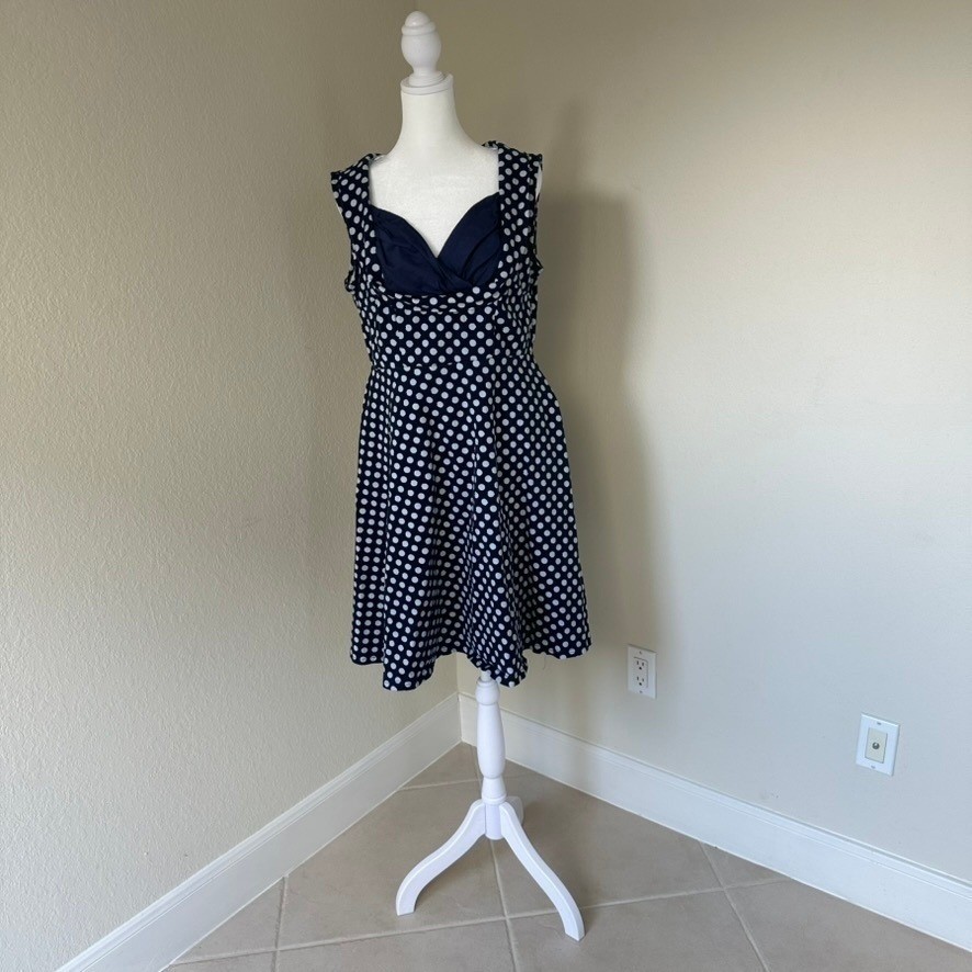 Miusol Fit and Flare Dress Women 2XL Navy Blue Polka Dot Rockabilly Retro