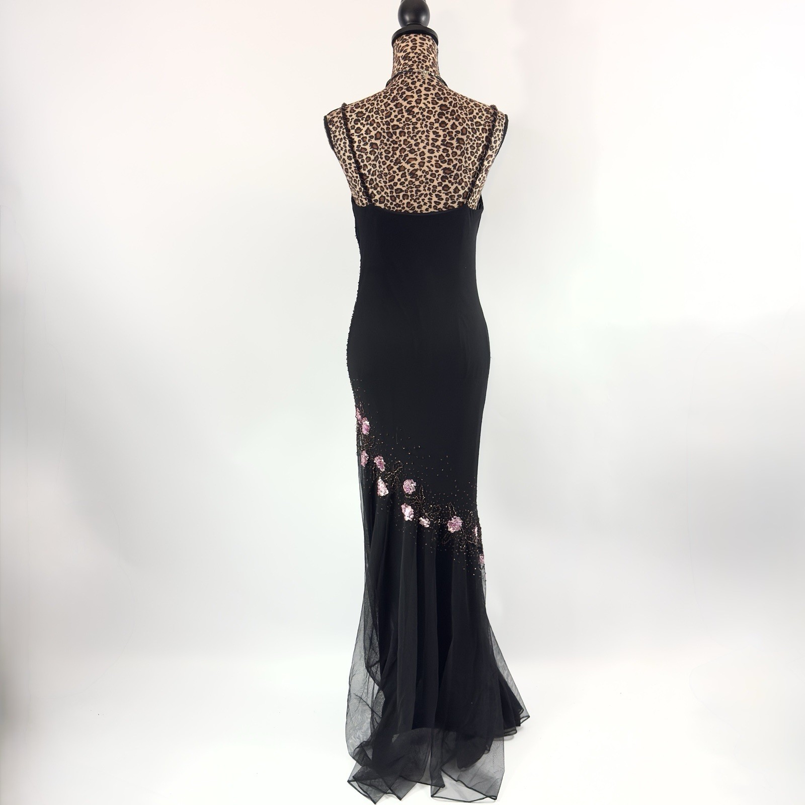 90s Xscape Black & Pink Silk Beaded Floral Embroidered Gown