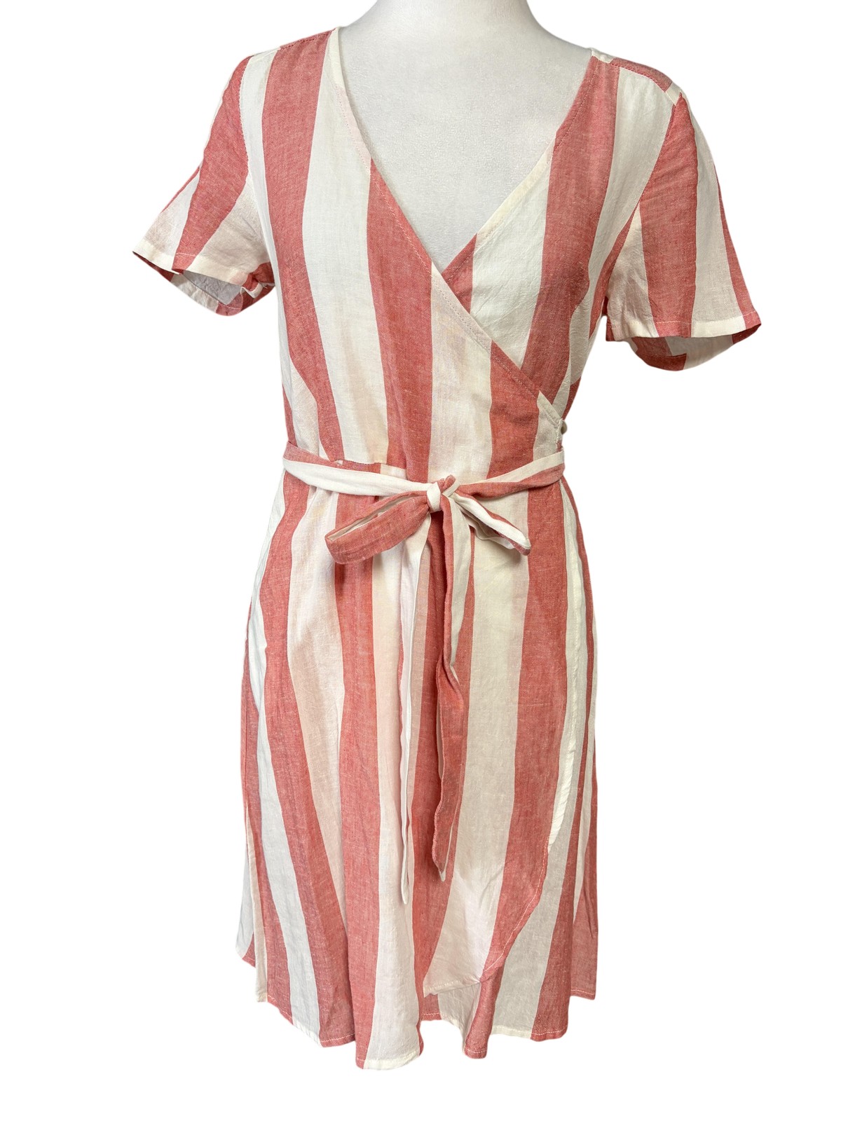 Marine Layer Wrap Dress Womens XS Red White Striped Short Sleeve Linen Blend
