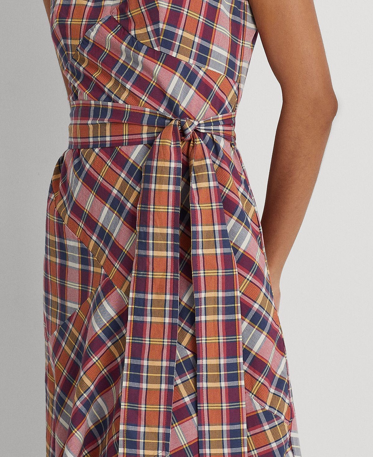 LAUREN Ralph Lauren Vneck Belted Sleeveless Madras Dress Purple Navy Size 8 $195