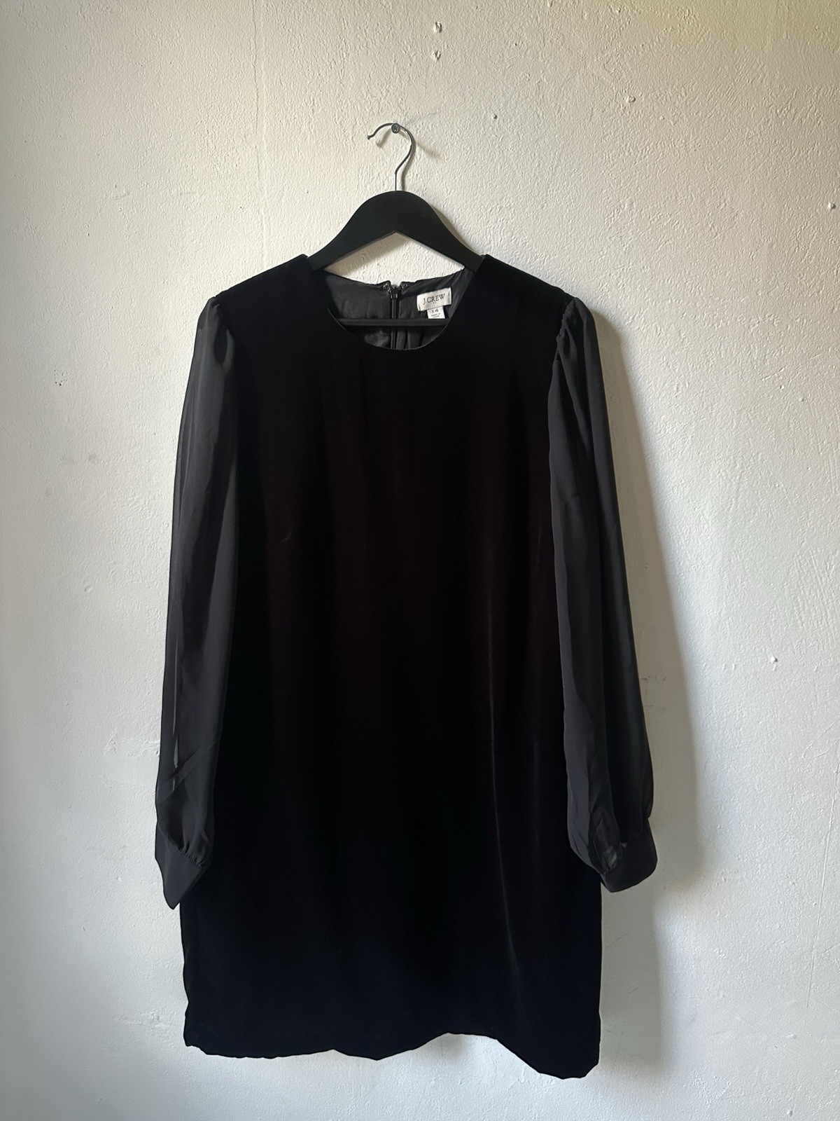 J.Crew Womens Velvet Black Long Sleeve Shift Dress Size 14 Button Cuff Midi