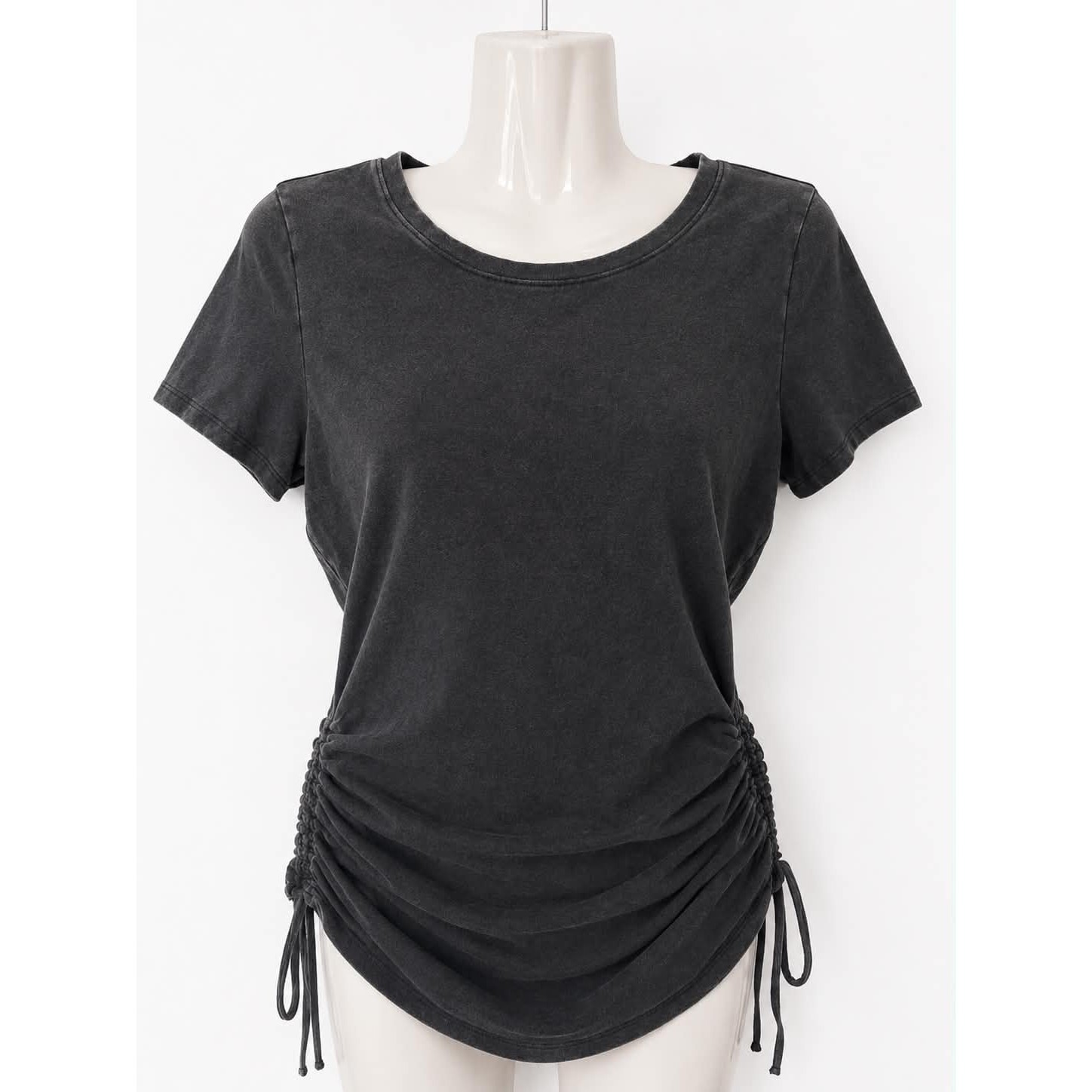 Express Dark Gray Ruched Drawstring Mini Dress Size Small Acid Wash Short Sleeve